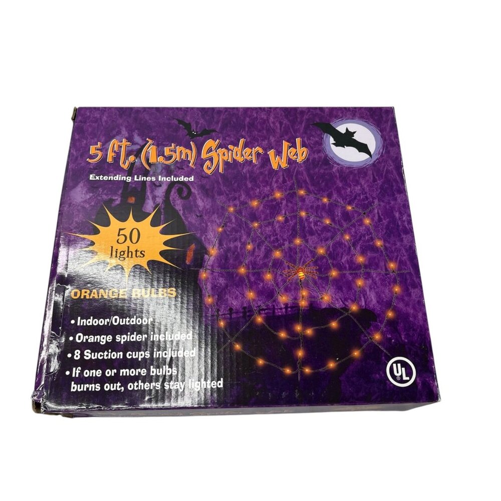 5 Ft Halloween Spider Web Light Set 50 Orange Bulbs Indoor/Outdoor Use